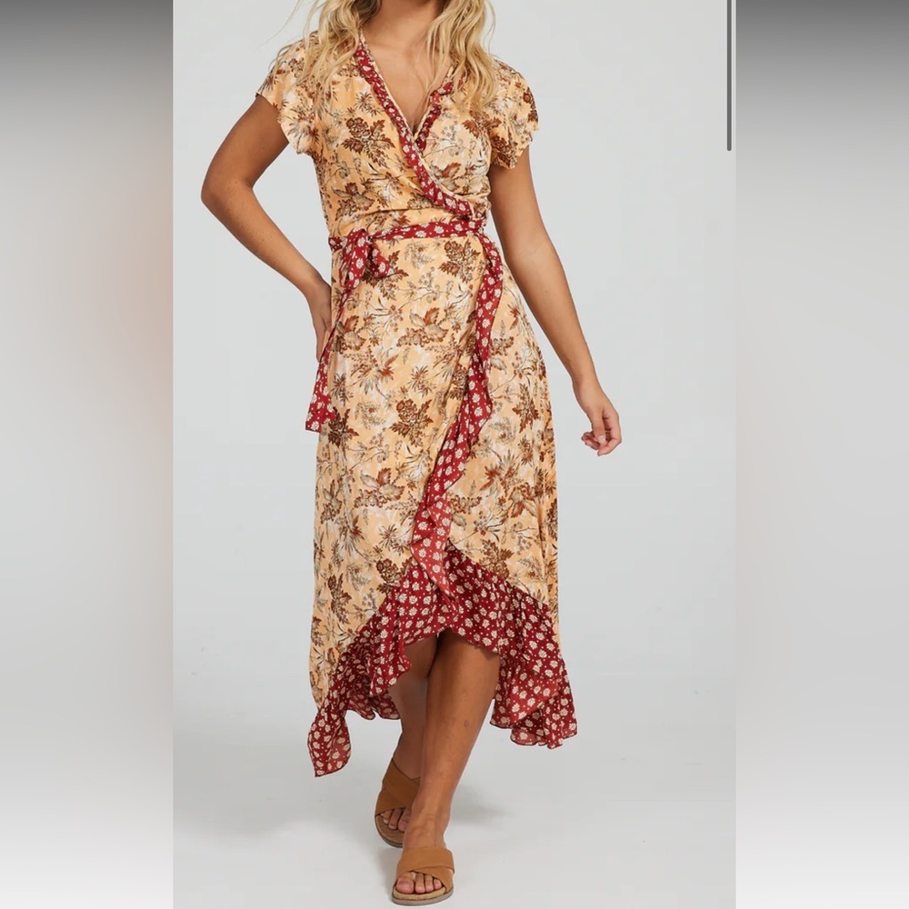 Floral Wrap Midi Dress with Contrast Trim - Beige and Red